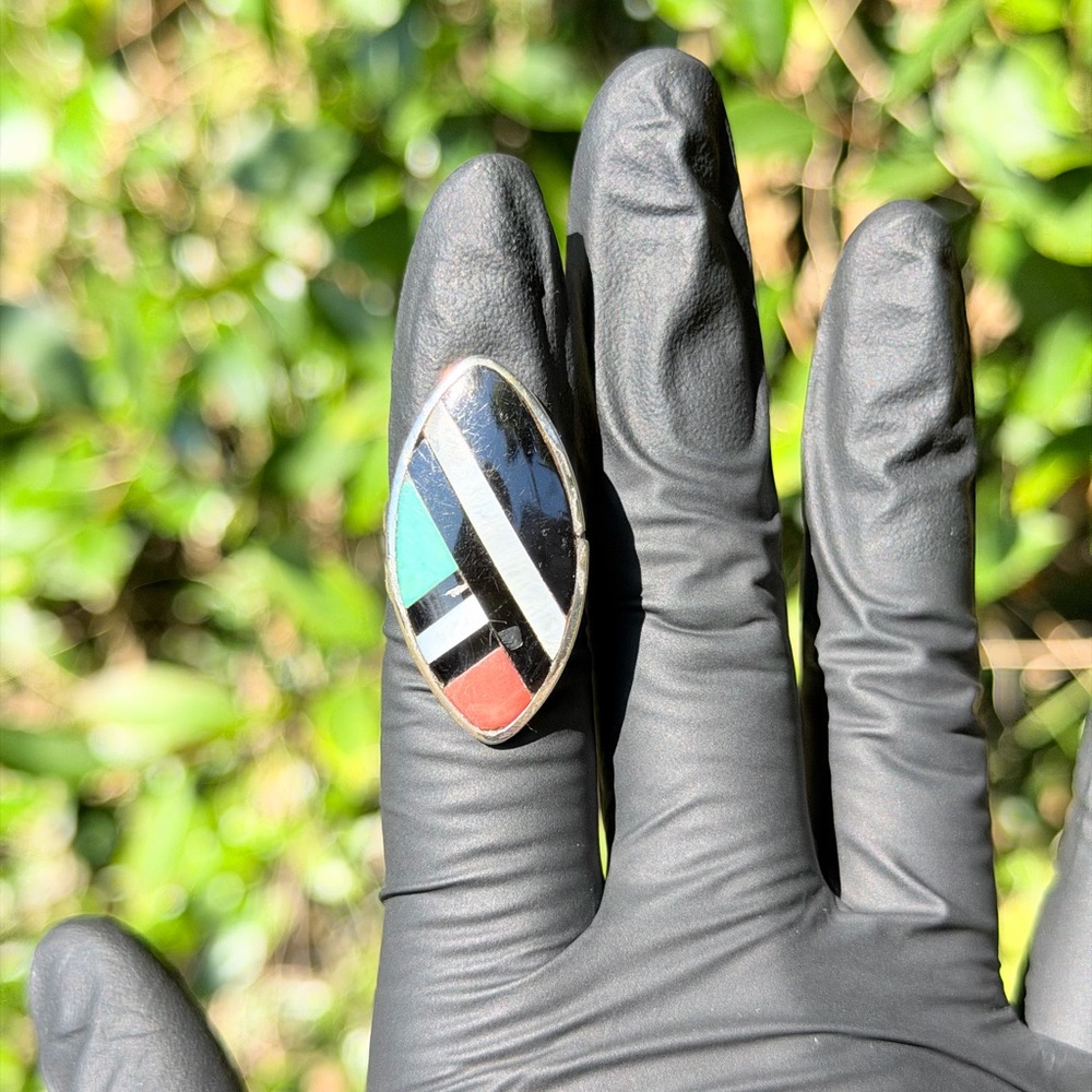 Native American sighed Coral Black Onyx, Turquoise Mother of Pearl ring